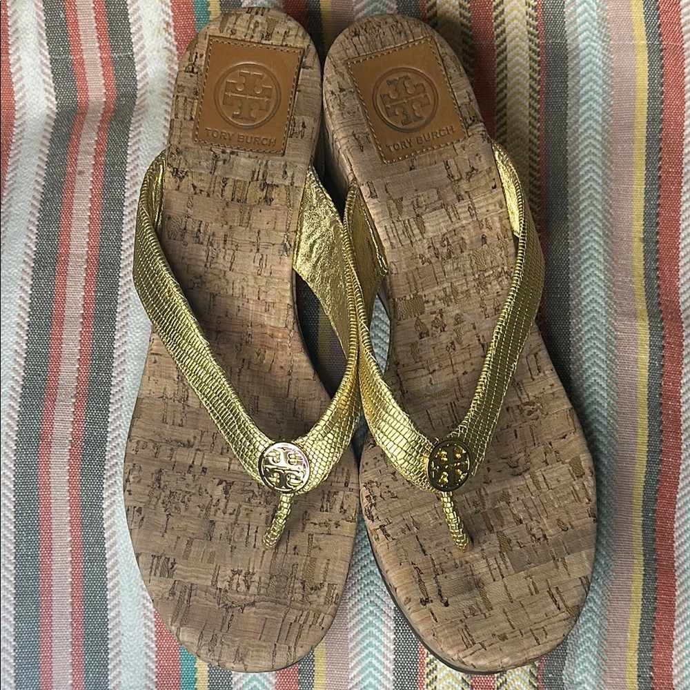 Tory Burch Suzy Gold Cork Wedge Sandals Size 9 - Picture 2 of 8